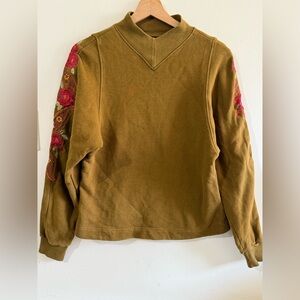 options Olive Green Floral Embroidered Sleeve Women's Sweater
